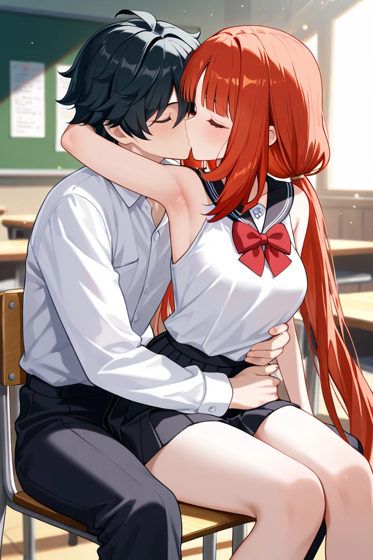 Top image quality、Two men and women having fun in the evening classroom、Kiss like crazy、Belokis、Drooping、obscenity:1,2、Metamorphosis:1,2、NSFW:1,2、full bodyesbian、(1 girl in、Schoolgirl Uniform、a short skirt、White open button shirt、large full breasts、the areola is protruding)、(perspiring、Hugging from behind、red blush:1.1)、 ((Caressing each other))、Ultra-sensual scenes、Spread your legs、Crab crotch、Lusting、hard breathing、Sex Expressions、((a large amount of cloudy liquid drips from the genitals、sexual act、SEX))、tre anatomically correct