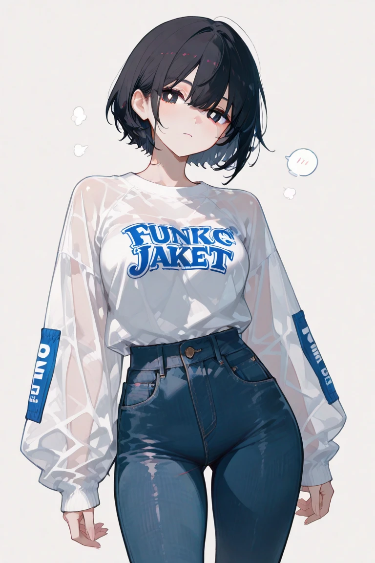 (masterpiece), (Highest quality), ((Very detailed)), (High resolution), (Very delicate and beautiful, Ultra-fine illustrations), Official Art, break (One girl), (change:1.8), (Little Girl:1.6), (8-year-old) (Flat Chest:1.4), (Plump:1.2),  (Thick thighs:1.8), (Big Ass:1.5), Erect nipples, Erect nipples, Oily skin, break droopy eyes, (Emerald blue eyes:1.3), (Bad mood:1.5), (Clear Face:1.5), (Half closed eyes:2.1), break (Bobcut:1.3), Tired Hair, Messy Hair, Blue inner hair, Black hair color, (Girl wearing round black glasses), break (Cropped white tank top with blue stripes:1.7), (Cropped black jacket:1.6), (Micro Shorts:1.5), (Pink sneakers:1.4), (Front view:1.5), whole body,
