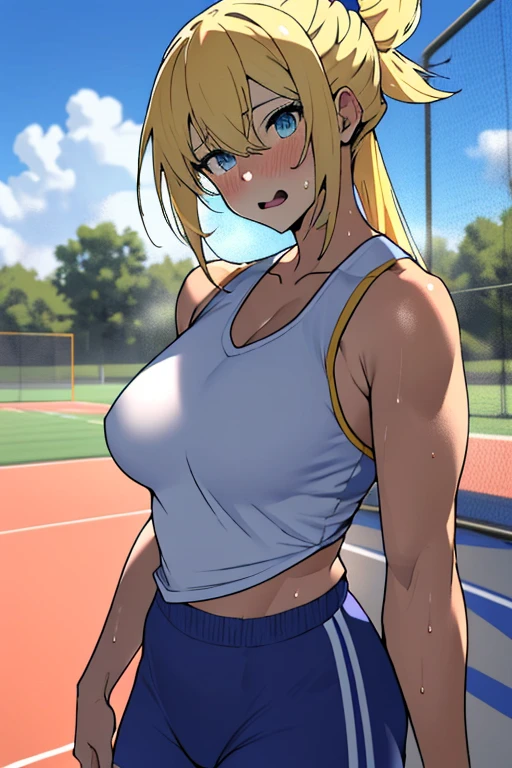 super detailed, best quality, UHD, masterpiece, accurate, anatomically correct, textured skin, super detailed, high detail, high quality, best quality, wearing a sports bra and mini shorts, wearing sports cap, cleavage, working out pose, athletic body , sweaty and wet body, tired face facing the camera, sports shoes, in the gym