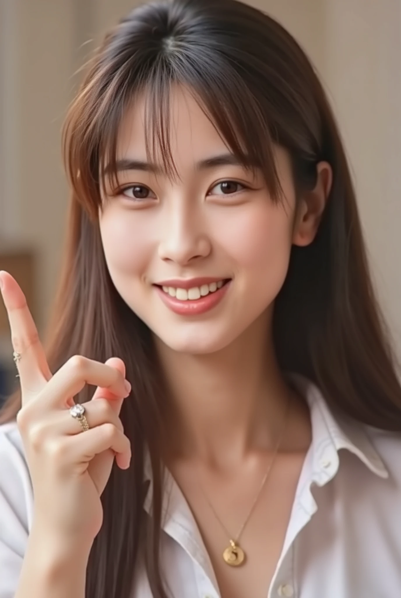 Realistic photo of a beautiful s0f14v-v2 woman, 1girl, solo, long hair, looking at viewer, smile, brown hair, shirt, brown eyes, jewelry, upper body, earrings, teeth, grin, blurry, english text, lips, pointing, forehead, realistic, middle finger, soft lighting, professional Photography, Photorealistic, detailed, RAW, analog, sharp focus, 8k, HD, DSLR, high quality, Fujifilm XT3, film grain, masterpiece, naked, big breasts, open legs, on bed, fingering, spread legs