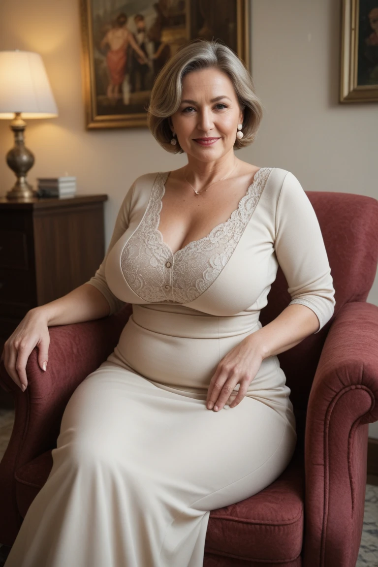 masterpiece, high-level image quality, depth of fields, beautiful mature women, 80 years old, up of face, wearing beautiful dress, sitting in a chair, Fancy makeup, (gigantic, big breasts ;1.12), beautiful face, perfect body, breasts mostly covered
