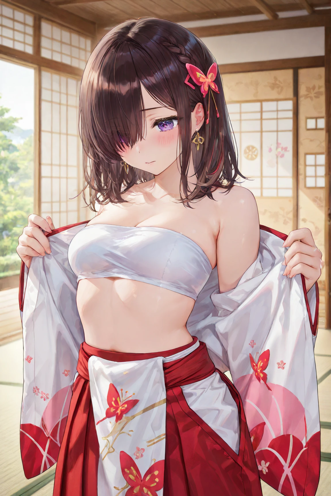 ((Topless)), nsfw, ((Masterpiece)), ((Best Quality)),Ultra High Resolution, Caustics, Detailed, Beautiful Detailed Eyes, solo, shrine maiden, red hakama, cowboy shot,18 year old beauty、shinto shrine, pond, navel, slender body, ideal ratio body proportions,oily skin, gleaming skin,sweat,medium breasts,icy blue eyes, (short hair), brown hair, bob cut, smiling、standing, nipples, breasts, bare shoulders, bare breasts, straight bangs, side bangs, armpit, body graffiti, ink, shrine, morning