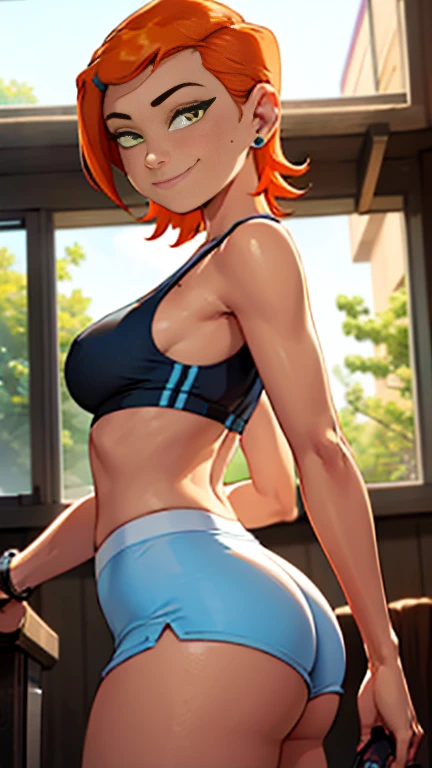 1 little girls, single, alone, Beautiful Anime Petit Girl, 
((bright orange eyes,I opened my eyes wide.,Big laugh,
short hair:2.0, wavy hair, messy hair:1.2, Ahoge, long bangs, red hair)),((big breasts)),((sports bra,bloomers)),running
