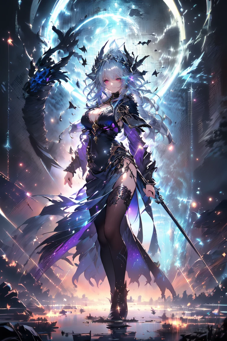 (((Highest quality)))(((Best Image)))(((anatomy)))外見は20代のwoman,Random hair color ,Random hairstyle,Wear shiny armor,Extreme costume(((Appearance)))The shape is humanoid,Random Face(Beautiful Face),,Huge breasts,Tight waist,Wearing randomly colored armor(((Features)))Eye color is random,Personality is random,Attractive figure(((arms)))He is carrying a weapon that resembles a purple glowing object..Possess modern weapons.(((woman)))The skeleton is human-like,Huge breasts,Tight waist,fogのようなガス状のもので纏っている(((background)))Barren Land,dead tree,fog,Chaotic world(((Standing posture)))ランダムなStanding postureをしている,mysterious,lovely,Highest quality((Full Body Shot))