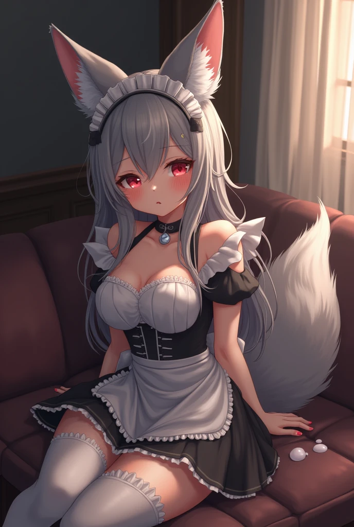 table top High level image quality best image quality 8k adult woman portrait white long gloves(elbow gloves) white pantyhose Maid clothes(Sleeveless mini skirt white wolf ears short hair((shortcut)(gray hair)(perm)(fluffy)) eye color is blue attractive face((laughter)(smile)(open your mouth)) beautiful feet