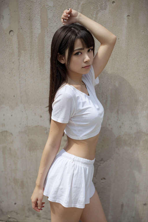 15 years old,Solo,(Japan middle school girl),(disheveled layered hair),(cleavage),(small face),(sleepy eyes),(embarrassed expression),depressed,(butt sticks out:1.5),white skin,neat,high school uniform,very short pleated skirt,slender face,fine eyes,double eyelids,sexy pose,very cute