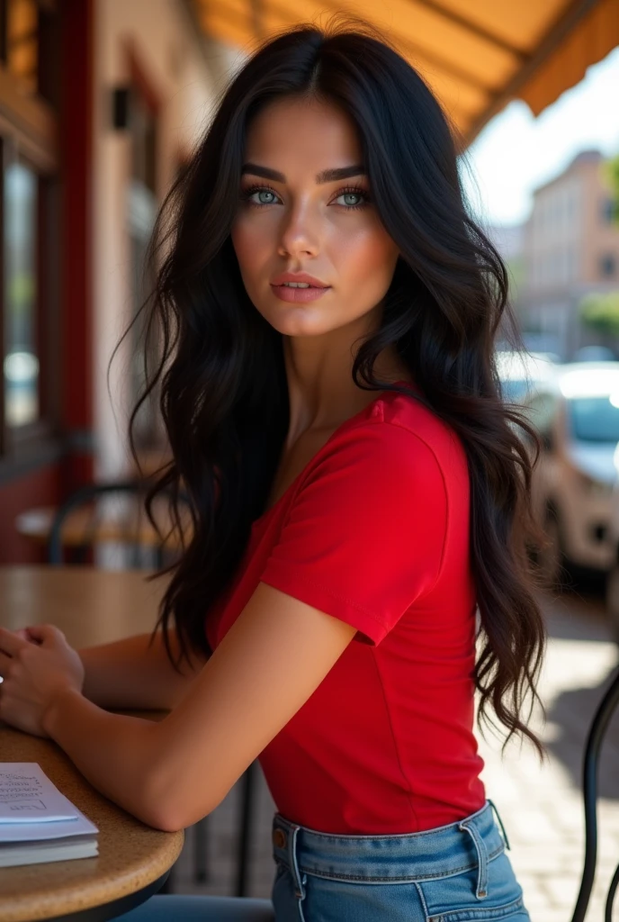 Realistic photo of a beautiful sultry woman with dark black long hair, hair roots slightly faded, English, influencer, soft blue eyes, light makeup, red lips, smiling, instagram, hyperdetailed photography, soft light, full body image drinking coffee in a busy restaurant