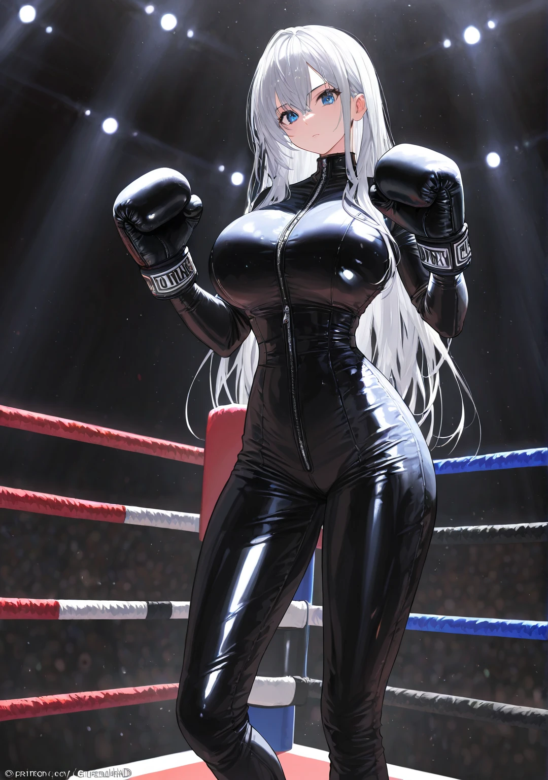 A beautiful boxing girl,Wearing a leather jumpsuit, Permanent Black Boxing Gloves, Ultra HD, Retina, Masterpiece, Curation, anatomically correct, , Super Details, high detail, high quality, best quality, High Resolution, 4K, quality,long hair, big breasts,Slim waist,Long Legs,Standing in the boxing ring