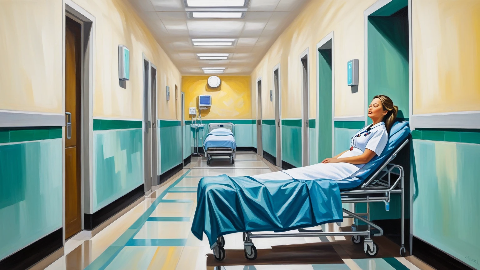 (medium full shot) of (angelic nurse) adult woman, brazilian, tan skin, light green eyes, slender build, hazel hair, wearing Light blue scrubs with a V-neck top, drawstring skirt, nurse cap, white sneakers, set in Cozy school infirmary in the basement, dimly lit with warm overhead lamps, plush armchairs for patients, a small bookshelf filled with health-related literature, a sturdy wooden desk for the nurse, a colorful rug on the tiled floor , at sunset, ,Masterpiece,best quality, very aesthetic