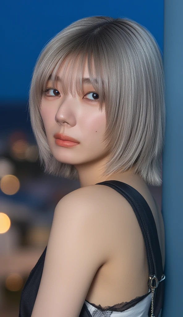 ((Showing bare armpits:1.4))、((small, Flat Chest:1.5))、((Face close-up:1.6))、((Silver hair in a short bob cut:1.7))、((Yellow strapless micro bikini:1.5))、, Blue LED light, Combat Uniform, Cleavage, high tech, Ultra-high resolution, 32k, (In a strapless micro bikini), (detailed:1.4), Cyberpunk city background, Rainy Street, Beautiful Face, Long golden hair, Professional Lighting, masterpiece, Very delicate and beautiful, Professional photos