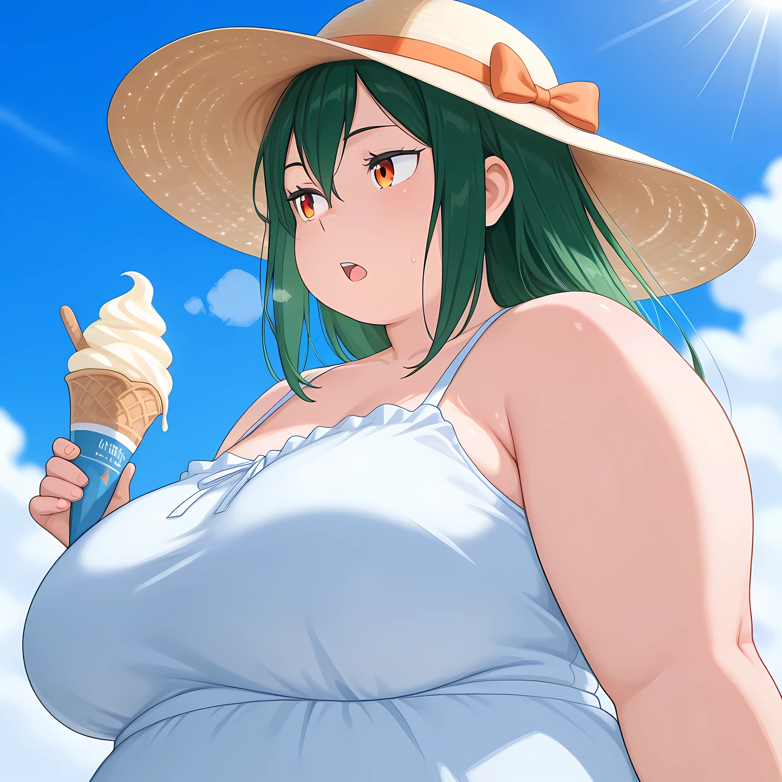 fat, large belly, standing, fat belly, very fat, large stomach, chubby, Aqua, Aqua Konosoba, very fat, safe for work, obese, giant belly, fat, huge, heavy, very fat, safe for work, fat, large belly, standing, grabbing belly, very fat, large stomach, chubby (best quality, masterpiece), sitting, table full of food and beer,