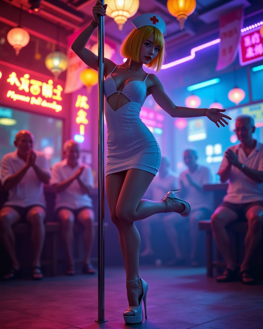 A woman practicing dancing with an umbrella,(Highest quality,Extremely detailed depiction,Incredibly absurd high resolution,Anatomically accurate depiction),(Glowing Skin,Shiny skin,),SFW:1.5,rain,background:Outdoor Stage