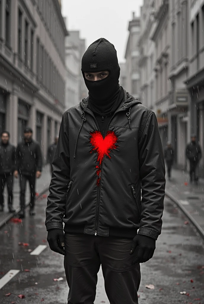 brown hair character, black mask, wearing a black shirt with a heart