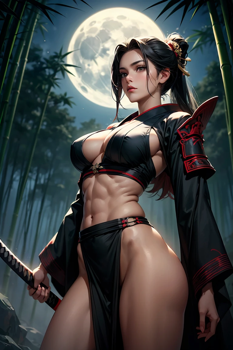 Kanao, the once sweet demon slayer, now an imposing and seductive vision. Her eyes, formerly soft lavender, blaze with intense crimson, bordered by lashes black as night. Her pupils glimmer with a supernatural light. Her skin, once porcelain pale, now warmer ivory, contrasts with fiery red demonic marks that twist like flames across her body. Her hair, once short and black, now cascades long and wavy with interwoven crimson streaks, tied to one side with a butterfly ornament, framing her sharp features. Her body, now a symphony of curves and muscles, has a voluptuous bust and wide hips, with powerful, muscular legs. Her arms, now strong, wield her katana with devastating force, and her long, sharp nails resemble claws. Her voice, deep and guttural with a touch of seduction, matches her cold, cruel laughter. The forest setting is shadowy and fog-laden, moonlight filtering through the mist, creating eerie deep shadows, --ar 2:3 --c 21 --s 550 --q 2