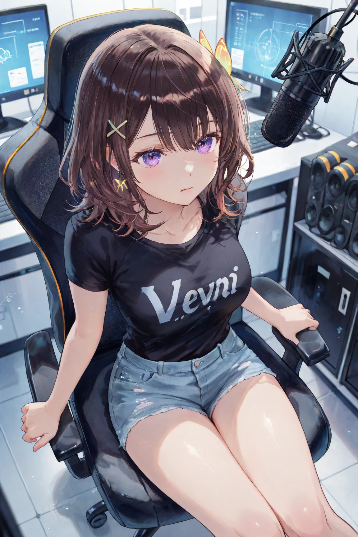 long curly brown hair, brown eyes, sitting at desk, gamer headset, gamer phone, pale skin, thick thighs, tank top, shorts, big chest, up close