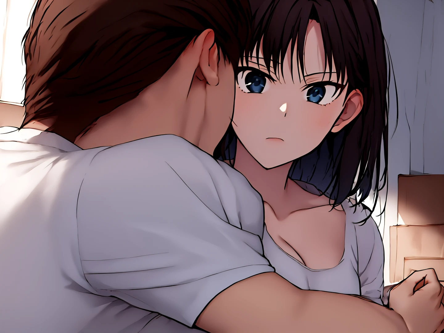 (best quality,highres,ultra-detailed,realistic:1.37),portrait,shirtless boy passionately kissing a woman in intense scene,sexy red lingerie,unbuttoned sheer white shirt,dark room with warm lighting,sweaty and lustful,erotic,passionate making out [intimate details],one lamp,]