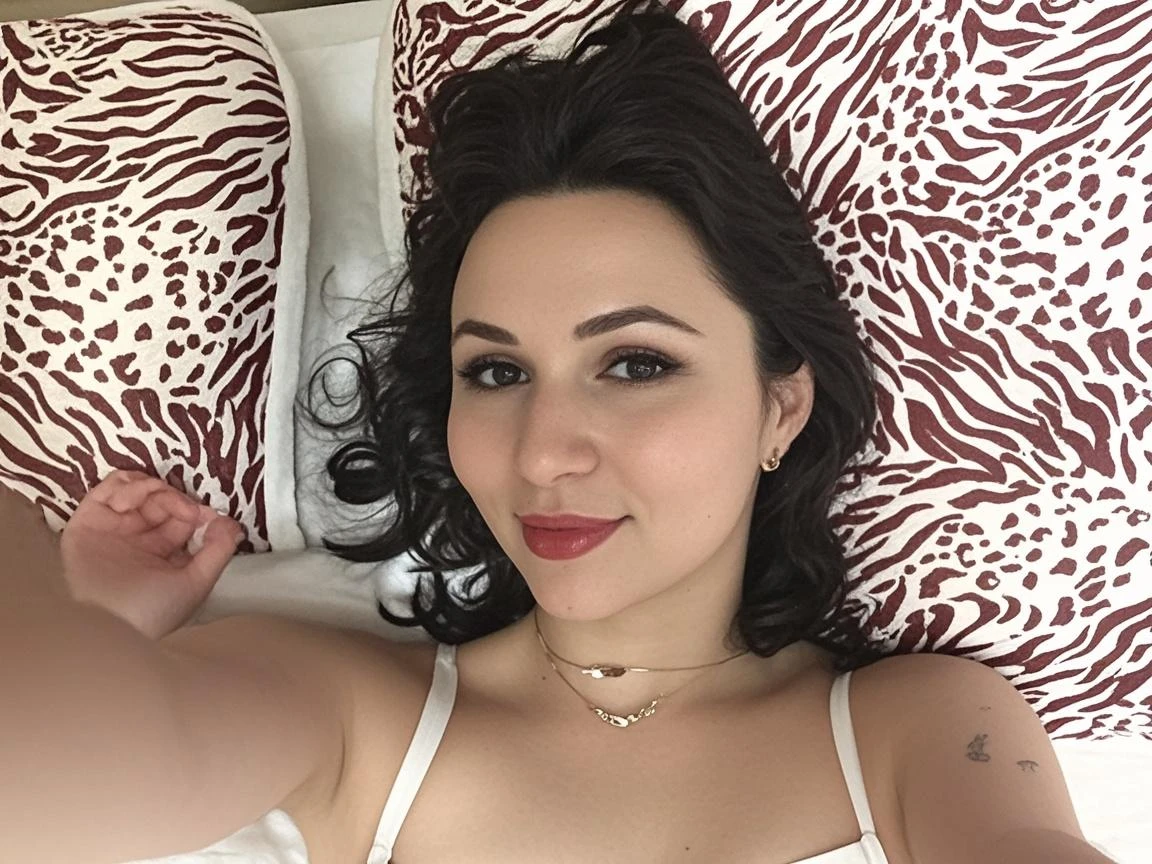 hay una mujer sentada en una cama, big cheast