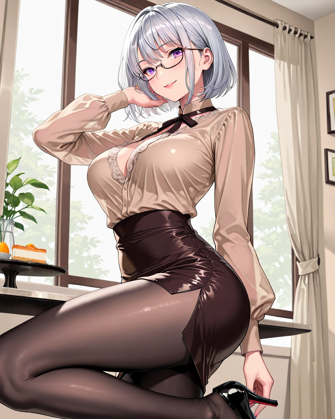 (masterpiece:1.2, best quality:1.1, highres,absurdres, high quality),(photorealistic:1.1),reflected light, colorful,ultra-detailed, ultra hd, super detailed,
meiko shiraki, grey hair, glasses, (single hair bun), (brown eyes),nakedsweaterdef, virgin killer sweater, meme attire, bare shoulders, turtleneck sweater, sideboob, smile, indoors, living room, doorway, smile,slippers, leaning forward, hand on hip,
<lora:meiko shiraki s1-lora-nochekaiser:0.7> <lora:LoRA_Sweater:0.6>