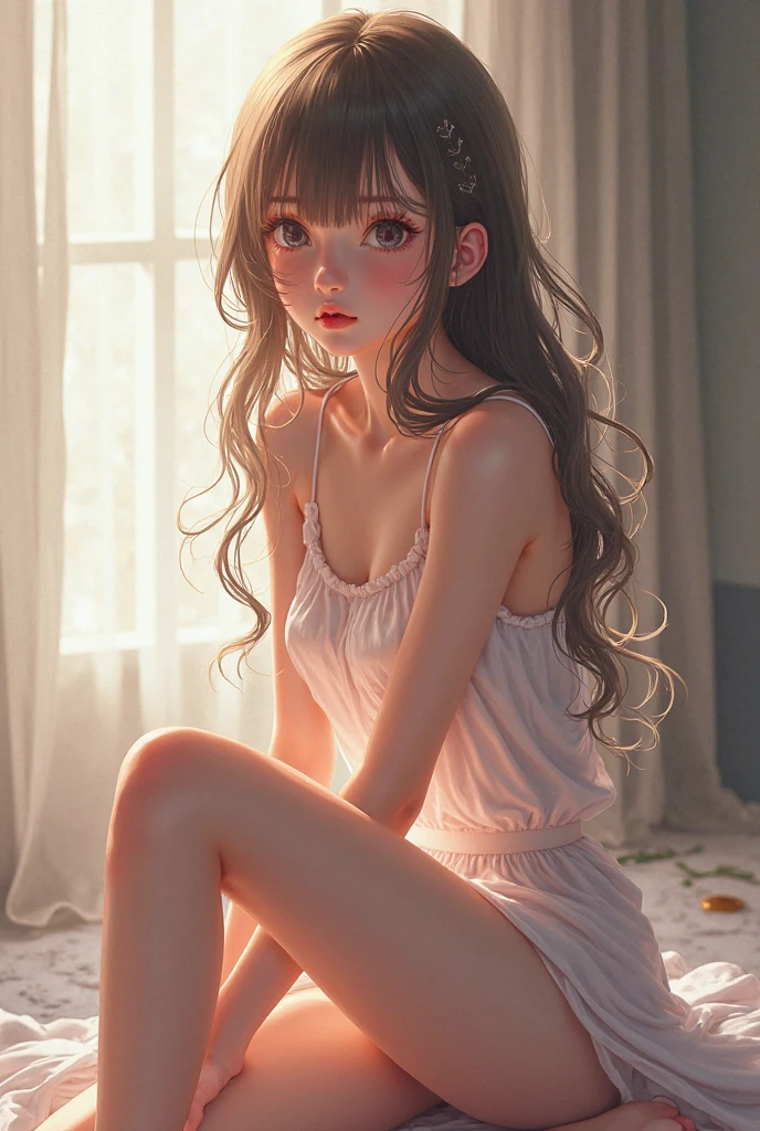 Pretty female teenager sit i'm bedroom, blush, cutie, stripping wet socks naked in a fantasy environment
