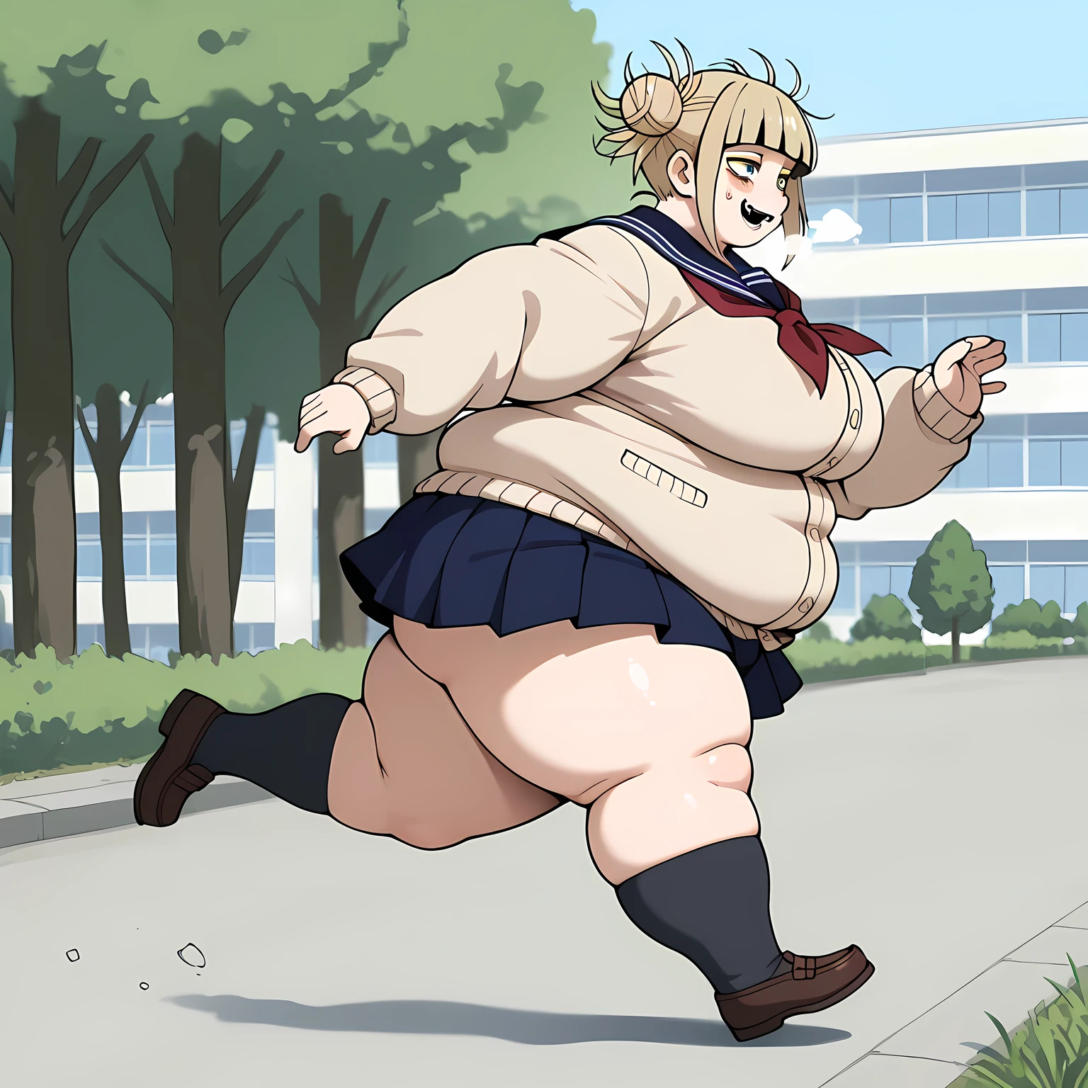 himiko toga,1girl,solo,double bun,blonde hair,hair bun,yellow eyes,messy hair, school uniform,bags under eyes,bangs,skirt,blunt bangs,smile,cardigan,blush,socks BREAK outdoors,open field,tall trees,school buildings, light breeze fat, chubby, obese, gigantic arms and legs, large breasts open mouth, out of breath, from side, running,