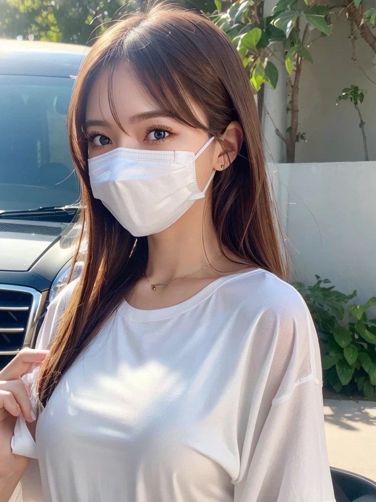 summer、white mask、woman、Shot from the knee up、It's hot、hot、T-Shirts