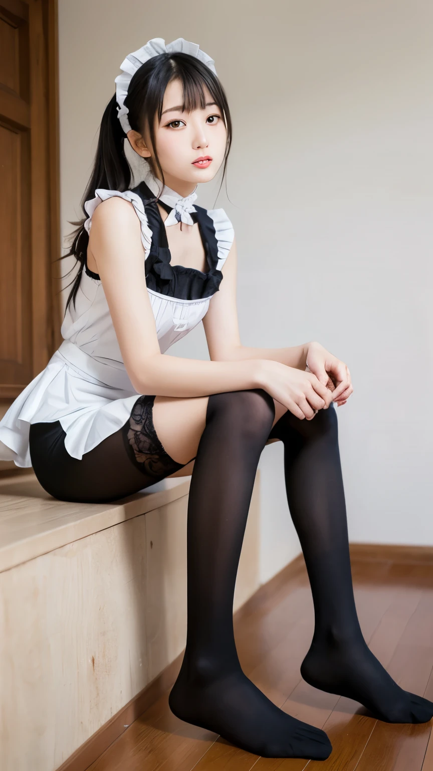 Bunny girl in maid outfit:1.5,wear black tights:1.5,The best smile:1.5,Full Body Shot:1.5,Gray background:1.5,Wearing black high heels:1.5,squat:1.5