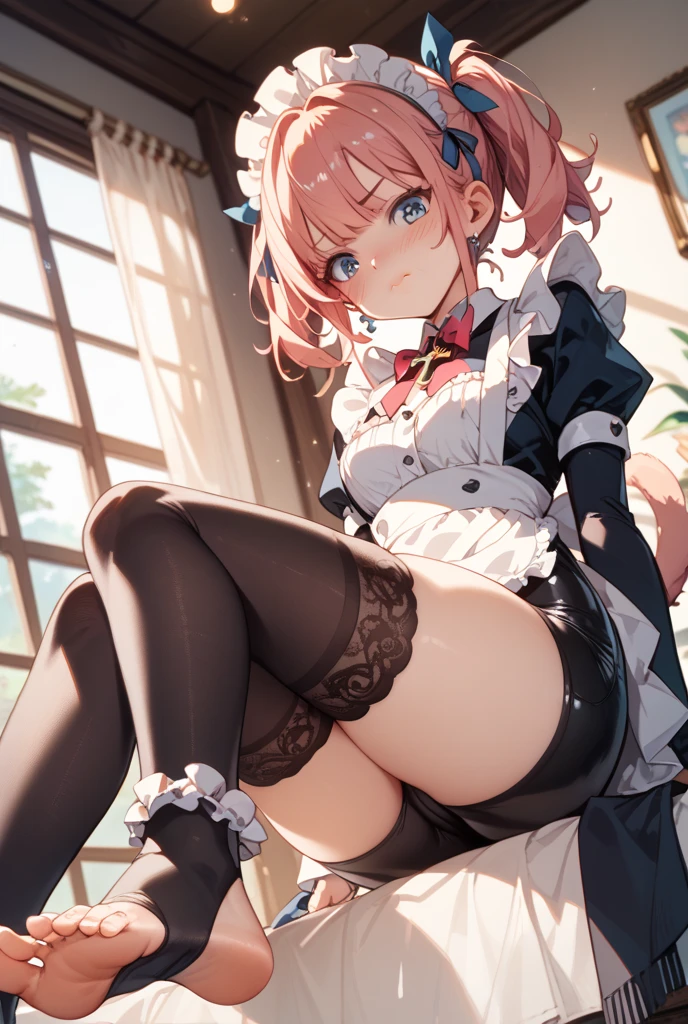 score_9, score_8_up, score_7_up, source_anime, 1girl, pink hair, pink eyes, pigtails, cat ears, small breasts, eyeglasses, micro bikini maid, headdress, blouse, skirt, apron, areola, cheeky face, light smile, bent over, back, private room, mansion,