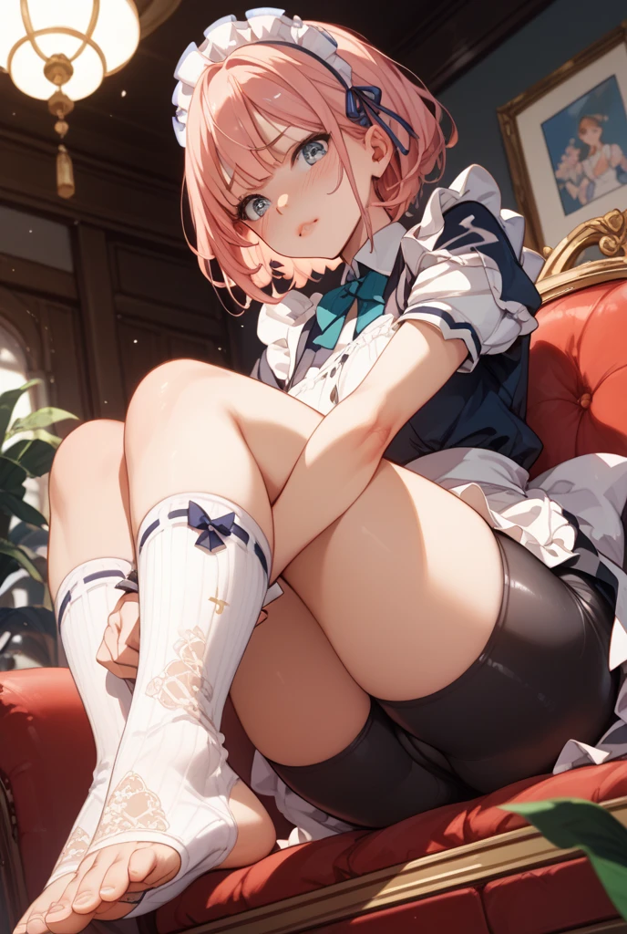 masutepiece, Best Quality,hair flower sketch, flower, Hair Ornament, 1girl in, Animal ears, Blue eyes, white blossoms, Long hair, Solo, Black footwear, Looking at Viewer, blush, Long sleeves, animal ear fluff, Blue hair, Parted lips, Bangs, Komono, Full body, extra ear, Hair intake, Shorts, sash, all-fours, Kimono, hair between eye, Fox ears, shoes,masterpiece, super fine illustration, best quality, light particles, ultra-detailed, 8K wallpaper, (bright colors:1.2), solo, ((a little girl)), big breasts, (blonde hair), disheveled hair, short hair, twintail, two side up hair, scrunchie, curly hair, shiny hair, shiny skin, (wearing pale pink and white horizontal striped dress, short sleeve), (frilled miniskirt), (white legwear), ((horizontal striped panty)), (beautiful green eyes, shiny eyes, big eyes), affectionate smile, seductive smile, closed mouth, blush cheeks, (naughty room), (pink bed), (pink pillows), (pink curtain), looking back, get down all fours, nsfw, sunlight, shadow,