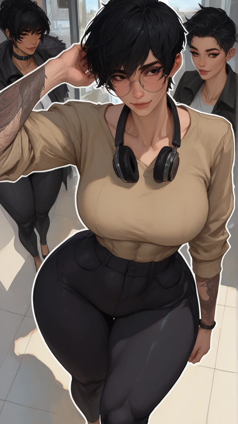 two shot panel, Curvy Black woman with Afro, lifting up white shirt to show her white high cut panties, speech bubble saying "Hey, look over here, for a second...", mouth open to talk, 3d animated movie art style, intricate details