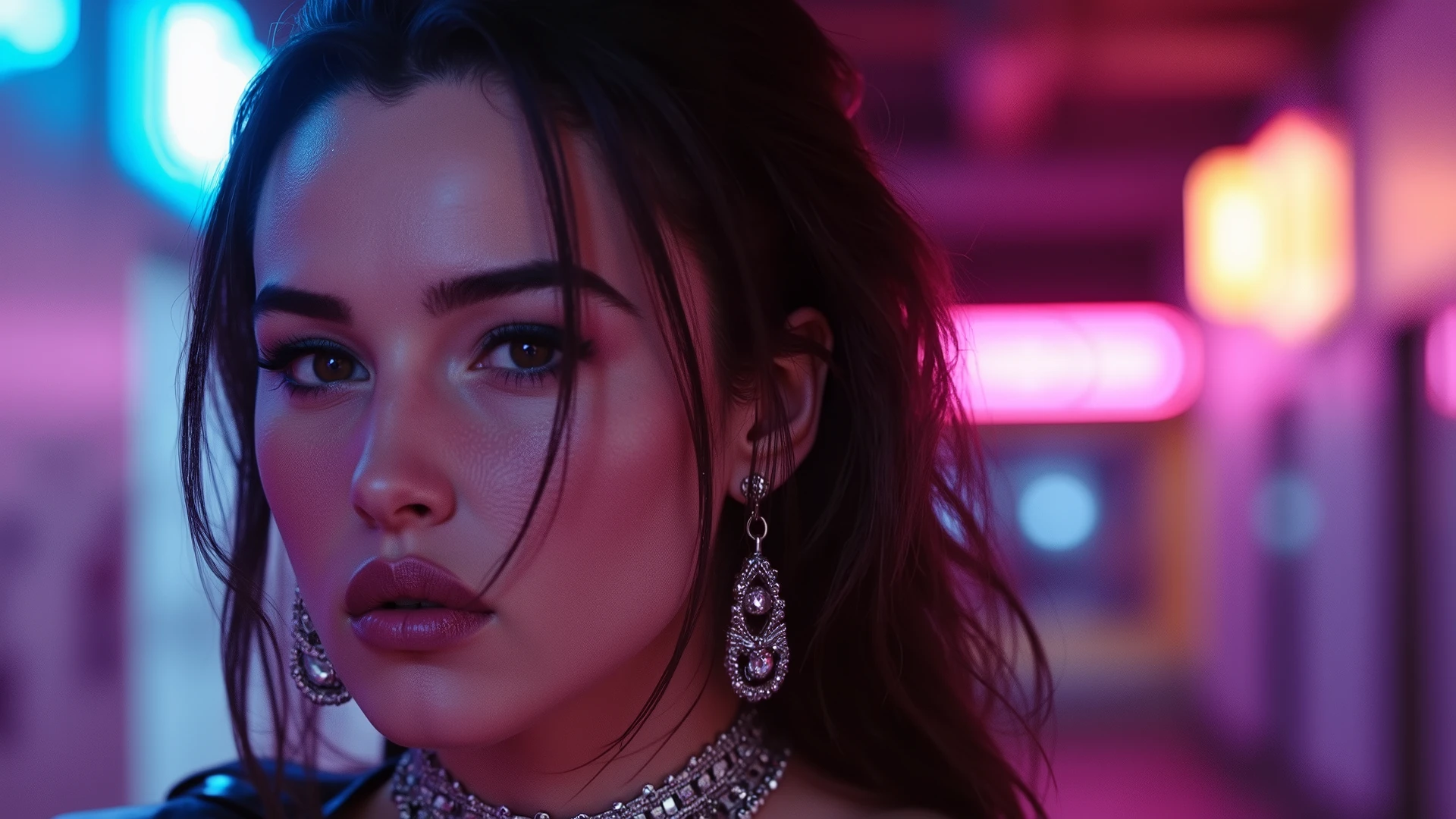 The image features a hyper-stylized portrait of a young adult Slavic femme AI influencer, exuding confidence as she poses on an underground club catwalk. The scene is drenched in cyberpunk street glam, with chrome bloom graffiti enveloping her, creating a vibrant backdrop that enhances her striking presence. Rendered in glitchwave elegance, the composition showcases ultra-detailed textures and high-glow contrast, drawing attention to her hypnotic stare and fashion-forward ensemble. The lighting is bold and dynamic, casting dramatic shadows that accentuate her features and the intricate details of her attire. This 8k visual captures the essence of a mythical-master prompt, making it ideal for NFT and editorial drops, with a perfect blend of futuristic aesthetics and urban culture.