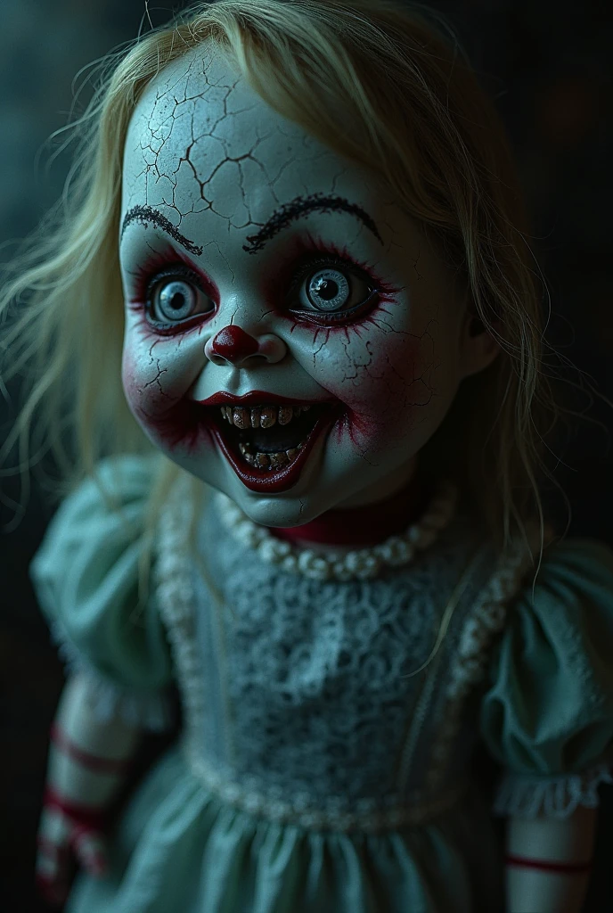 Annabelle from the movie "The Conjuring". Her face is covered in scars and she's smiling, which is very scary. She is wearing a frilly costume from a Japanese idol group. Singing with a microphone. They are doing a cute dance.