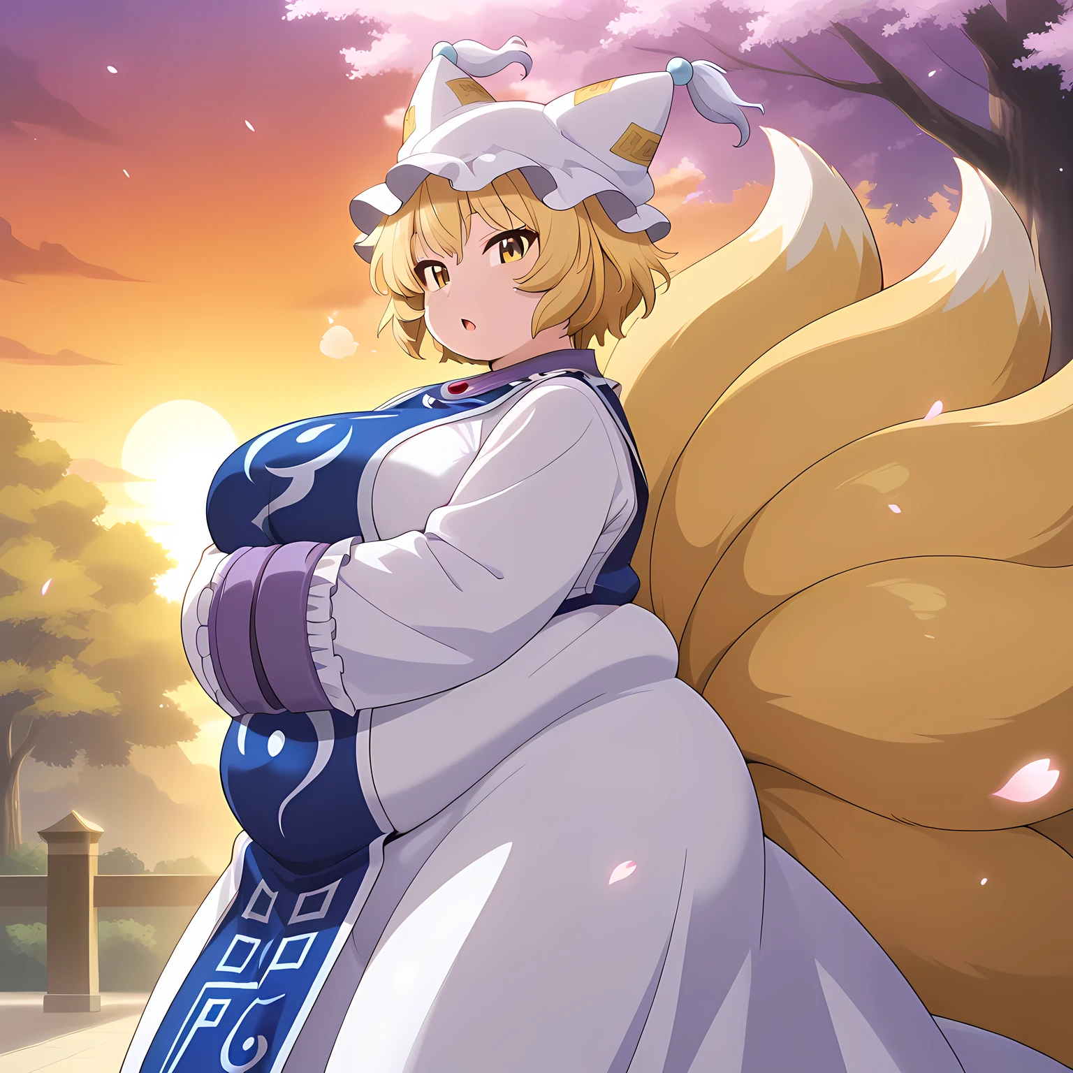 absurdres, highres, masterpiece, best quality, amazing quality, official anime artwork, screencap, anime screencap, outdoors, from the side, floating hair, sunset, dynamic pose, hands in opposite sleeves, petals, sakura tree, light particles, looking at viewer, spell card, danmaku,
yakumo ran, 1girl, solo, yellow eyes, blonde hair, short hair, multiple tails, fox tail, fox ears,, hat, white headwear, ofuda, tabard, white dress, long dress, frills, long sleeves, wide sleeves fat, chubby, obese, gigantic arms and legs, large breasts open mouth, out of breath