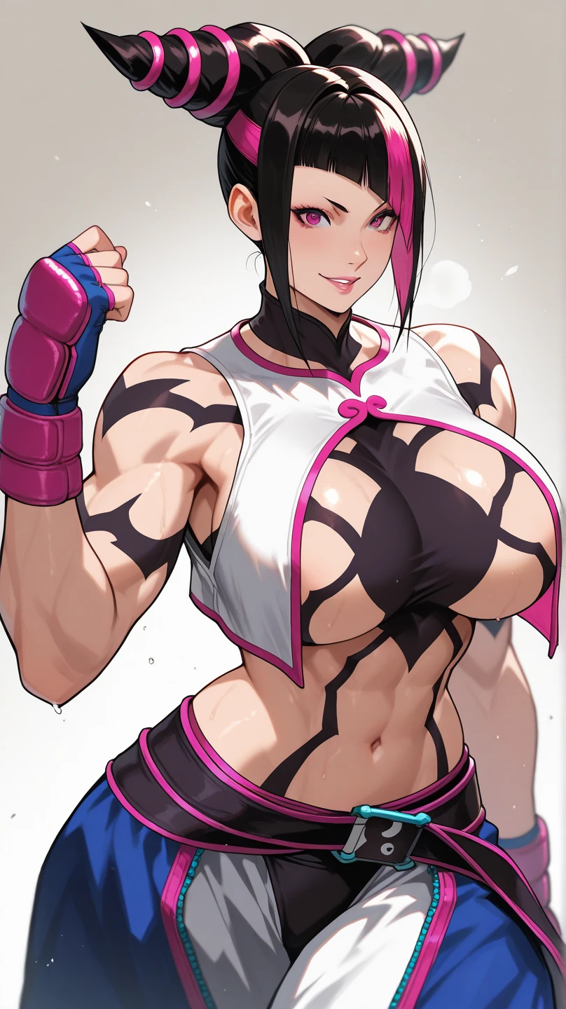 Juri Han,work of art, best qualityer, 1 girl, report, top cut, shorts jeans, choker, (graffit:1.does not splash, (hands behind the back), Against a Wall, looking a viewer, Um bracelete, thigh strap, Paint on the body, head tilt, bored, fiery hair color, Rainbow eyes,Juri Han,evil look