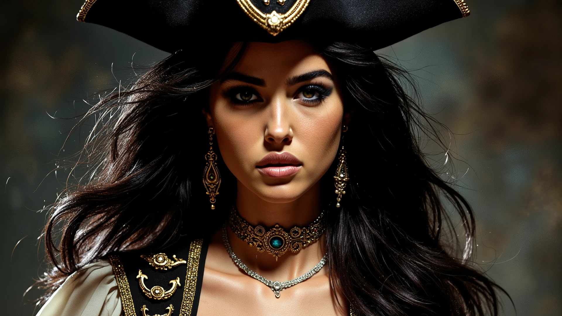 (best quality,ultra-detailed),pirate woman with open blouse showing her beautiful breasts,seductively posed,mesmerizing eyes,fierce expression,wind blowing through her hair,pirate hat,ornate earrings and necklaces,detailed lace and ruffles on blouse,dark and mysterious background,teeth sparkling with gold,tattoos on her arms and chest,light shining on her face, emphasizing her features,realistic oil painting style,vivid colors with deep shadows and highlights.