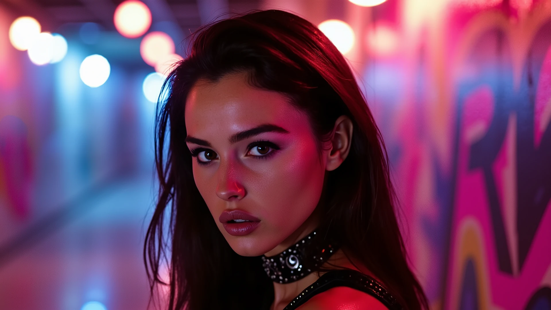 The image features a hyper-stylized portrait of a young adult Slavic femme AI influencer, exuding confidence as she poses on an underground club catwalk. The scene is drenched in cyberpunk street glam, with chrome bloom graffiti enveloping her, creating a vibrant backdrop that enhances her striking presence. Rendered in glitchwave elegance, the composition showcases ultra-detailed textures and high-glow contrast, drawing attention to her hypnotic stare and fashion-forward ensemble. The lighting is bold and dynamic, casting dramatic shadows that accentuate her features and the intricate details of her attire. This 8k visual captures the essence of a mythical-master prompt, making it ideal for NFT and editorial drops, with a perfect blend of futuristic aesthetics and urban culture.