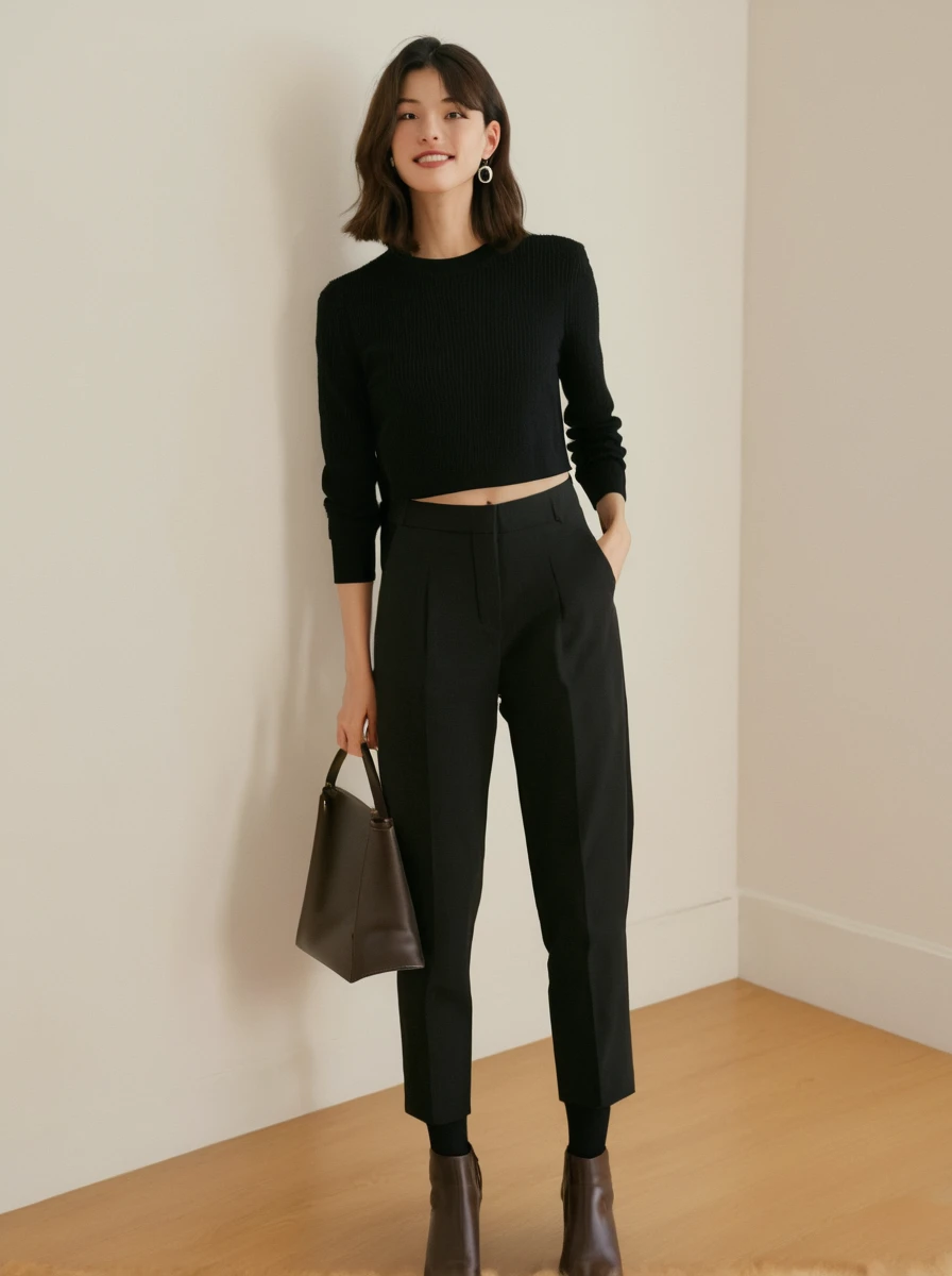 (highest quality, 8K, 32K, table top, nffsw:1.2), 1 girl, beautiful japanese woman, Natural light, hotel room, Standing near the bed, tight waist, Summer knit mock neck sleeveless tops, cashmere tethered pants, detailed face, short hair, ankle strap high heel pumps, gray suede high heel pumps, happy expression, look at the viewer, ((Full body standing))