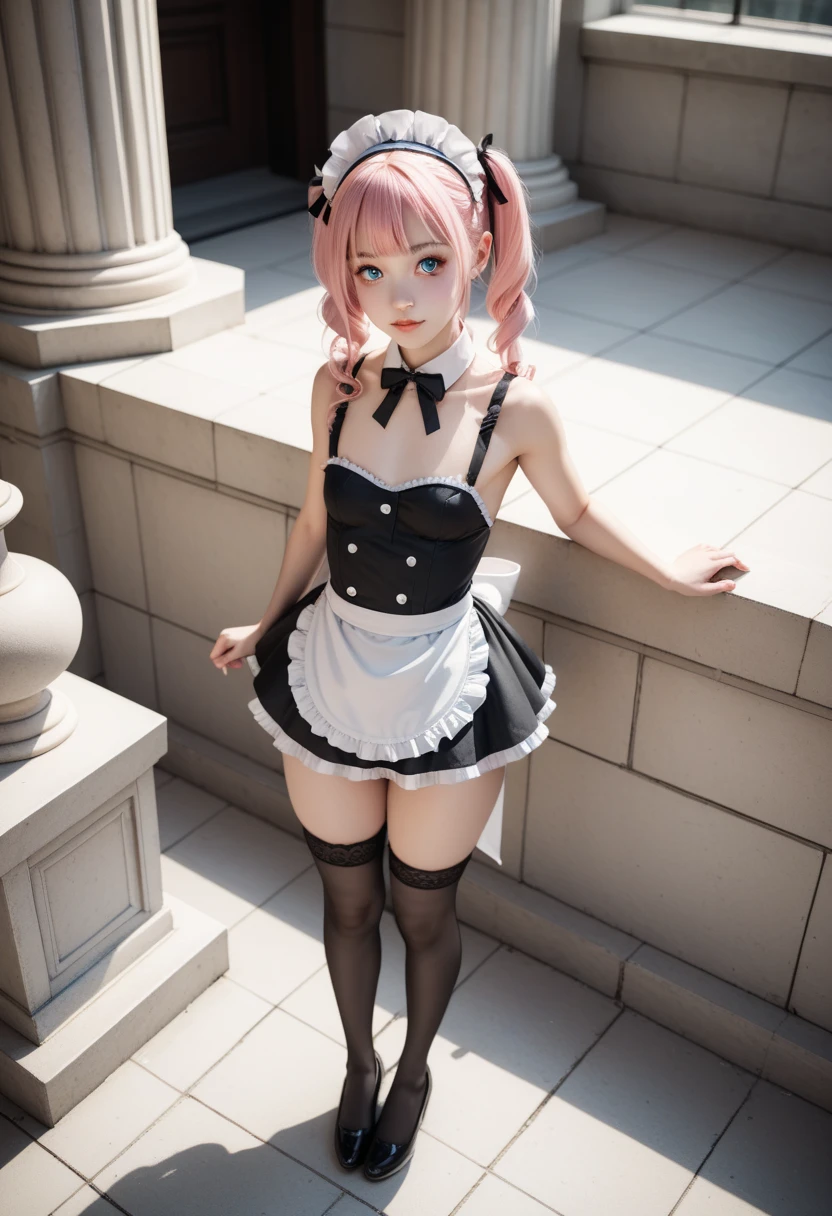 ​masterpiece, top-quality, Hi-Res, ((Evil Fall)), ((((Leotard)))), (((((Hollow eyes))))),ram1, 1girl in, 独奏, (((Standing picture))),Ram(Re:Life in another world starting from scratch), A pink-haired, white thighhig, (((short-hair))), red eyes, Hair above one eye, Ribbon trim, Hair Ribbon, X Hair Ornament, frilld, Maid headdress, garter strap, a black ribbon, ((Colossal tits)),(((neck tie))), ((magical little girl))