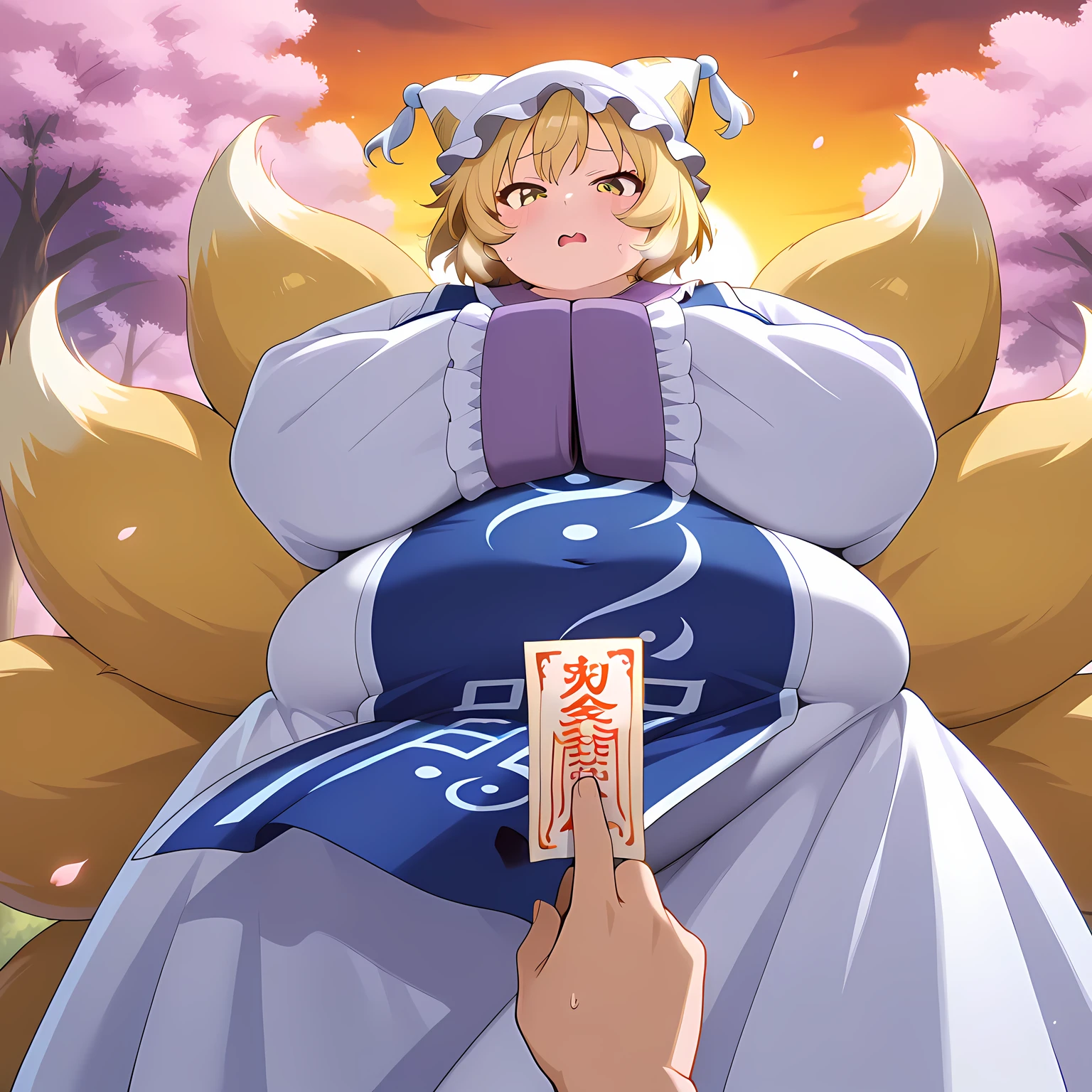 absurdres, highres, masterpiece, best quality, amazing quality, official anime artwork, screencap, anime screencap, outdoors,  floating hair, sunset, dynamic pose, hands in opposite sleeves, petals, sakura tree, light particles,  looking at viewer, spell card, danmaku, 
  yakumo ran, 1girl, solo, yellow eyes, blonde hair,  short hair, multiple tails, fox tail, fox ears,, hat, white headwear, ofuda, tabard, white dress, long dress, frills, long sleeves, wide sleeves bulging belly, fat, chubby, obese, open mouth, out of breath, confused, blush, {flustered}, nervous sweating, portrait, pov hands, hand on another's belly, averting eyes, [looking away], straight-on, from below, swollen face, masterpiece, best quality, ultra-detailed, high resolution, 8K, 