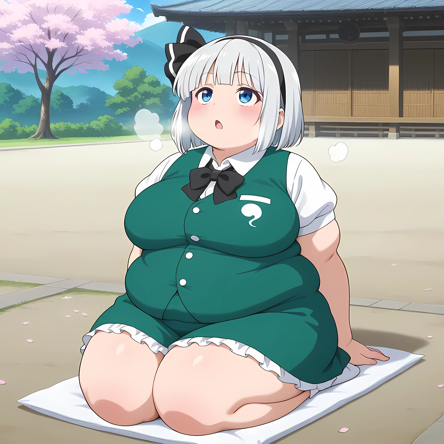 absurdres, highres, masterpiece, best quality, amazing quality, official anime artwork, screencap, anime screencap, outdoors, looking up, closed eyes, relaxing, day, sakura, Hakugyokurou,
konpaku youmu, 1girl, solo, white hair, short hair, blunt bangs, blue eyes,, hairband, hair ribbon, black ribbon, black bowtie, white shirt, collared shirt, green vest, green skirt, socks, seiza, fat, chubby, obese, gigantic arms and legs, large breasts open mouth, out of breath