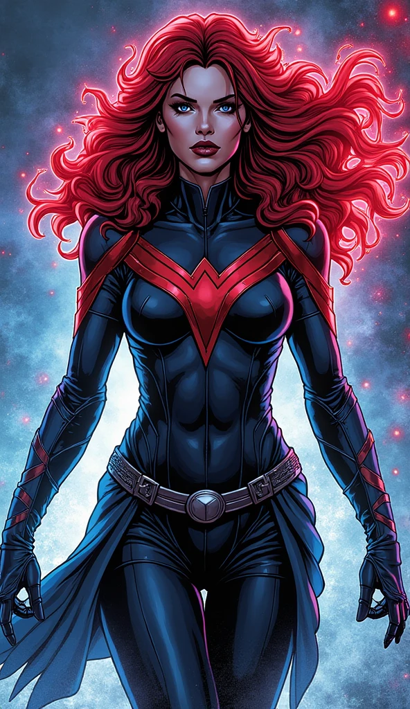 Hero Masks Style, domino mask, 1girl, abs, belt, bodysuit, cleavage, covered nipples, fire, gloves, green bodysuit, large breasts, lips, lipstick, long hair, makeup, marker (medium), panties, pantyshot, red hair, skin tight, skirt, solo, superhero, traditional media, underwear, <lora:HeroMasks:0.8>