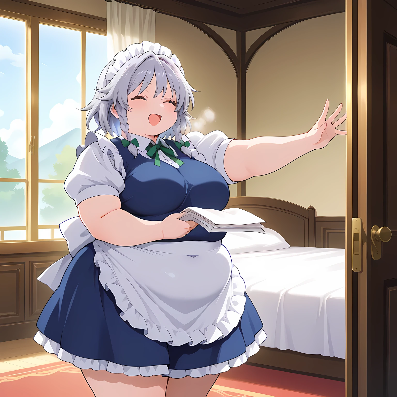 absurdres, highres, masterpiece, best quality, amazing quality, official anime artwork, screencap, anime screencap, bedroom, bed, day, cleaning window, happy, closed eyes, holding cleaning paper, singing,
izayoi sakuya, 1girl, solo, blue eyes, twin braids, medium breasts, maid headdress, apron, puffy sleeves, fat, chubby, obese, gigantic arms and legs, large breasts open mouth, out of breath