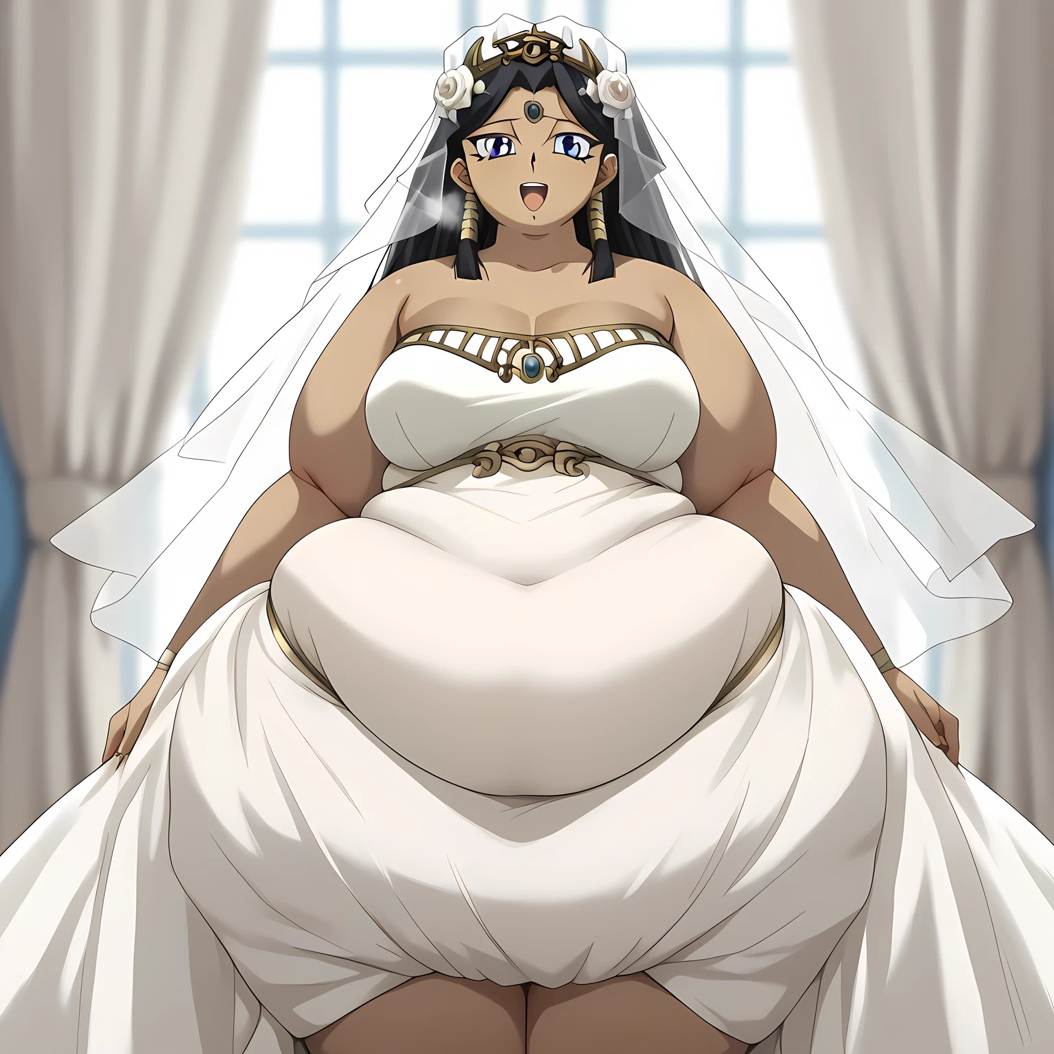 masterpiece,best quality,{{detailed beautiful face and eyes}}, very detailed background,
Ishizu Ishtar,dark skin,long hair,black hair,egyptian,parted bangs,blue eyes,medium breasts,
hairstyle: (wedding bun:1.2)
Outfit: (wedding dress,intricate dress, ball gown, bridal veil, bride, curtains, 
depth of field, dress, flower, hair flower, hair ornament, see-through,white flower, white rose:1.1),(face full of joy:1.3) fat, chubby, obese, gigantic arms and legs, large breasts open mouth, out of breath