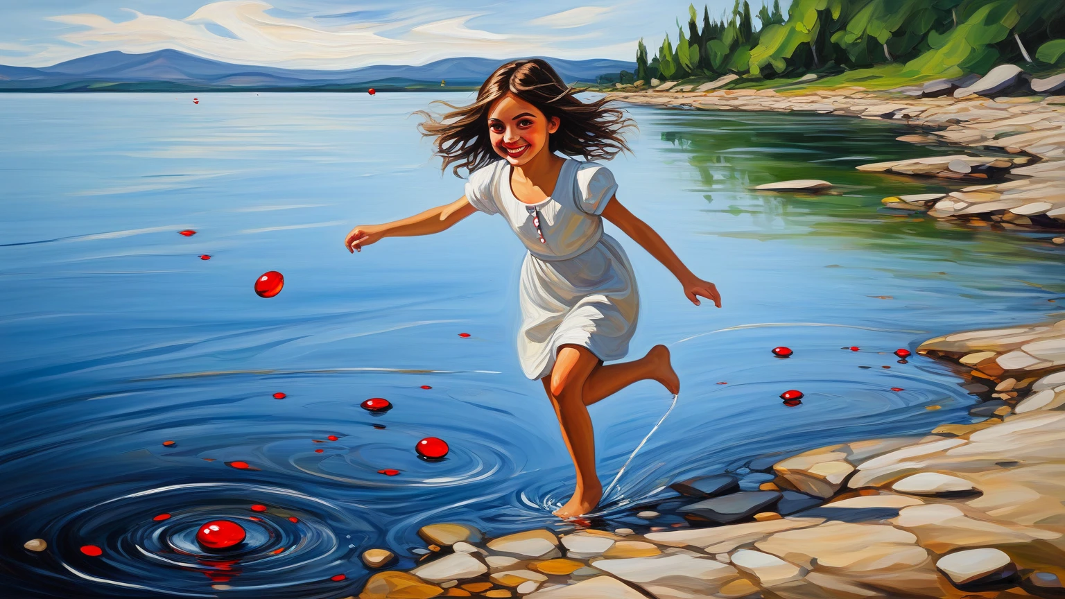 A six-year-old blonde girl, picking flowers by the river, summer color scheme, illustration for children