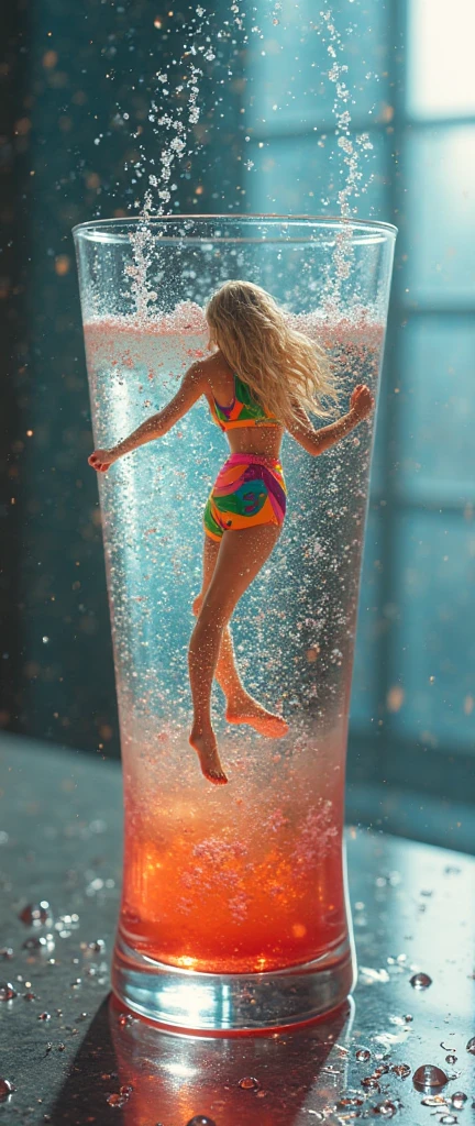 A stunning a ((Intricately detailed photo)),((Ultra-realistic最high quality)),((photorealistic)),(sharp focus),(highest resolution),((the most absurd quality)),(masterpiece), Official artwork, beautiful deep glass cup, carefully captured, ((filled with colorful liquids with bubbles and foam)), excellent dynamic composition, professional camera work: 1.4,(Increase quality:1.3), (best quality real texture skin:1.35),(perfect proportions),(anatomically correct),(perfect female body),(slim-muscled body:1.13),(Super beautiful face),(realistic face),(highly detailed face), (dressed in a colorful foam:1.5(Intricately detailed:1.34)), Ferry, long hair, FerryBase, thighhighs, bare shoulders, odczuwalne jest zimno, and water vapor begins to form on the outside of the glass, floating in the air, Detailed reflections dance on the surface of the crystal clear drink, creating an expansive and minimalist backdrop that catches the eye. Dim ambient lighting adds to the air of mystery, promising that tomorrow's sunrise will cast a warm, inviting glow on the stage. (glass), (vodka), ((tiny woman diving into a glass of vodka)), (floats), (condensation),