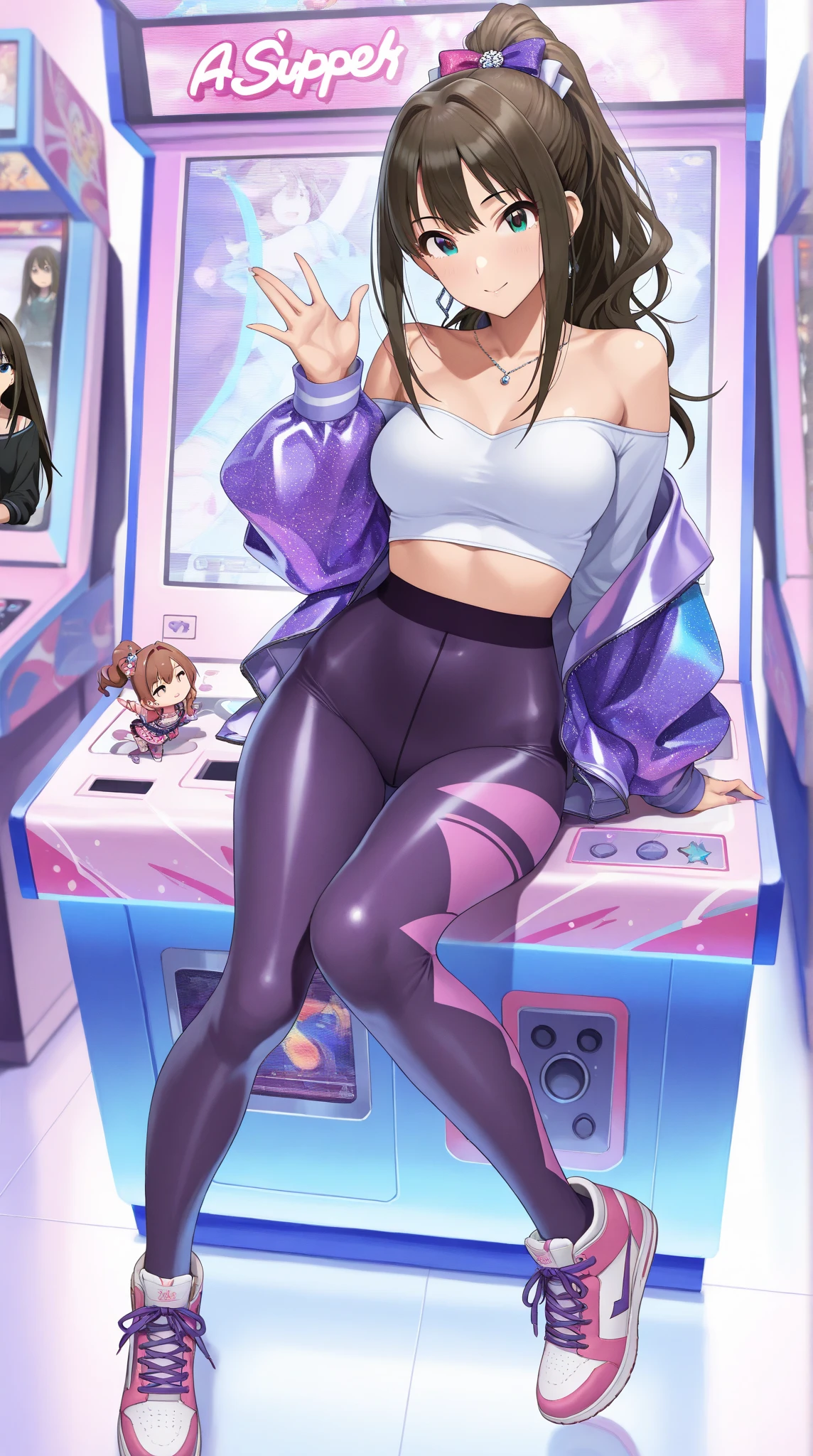 ((Masterpiece)), best quality, absurderes, ultra detailed, holographic, cowboy shot, golden ratio, super cute girl, mature girl, idol girl, super beautiful asian girl with very beautiful violet glowing eyes, beautiful glowing brown multicolored hair, high ponytail, nice and sexy body, slim body, perfect body, wearing a super tight anime printed leotard, an anime printed super tight off shoulder long sleeve crop top, a super aesthetic transparent mini jacket, beautiful hair ornament, pink jordan tennis, in the arcade games