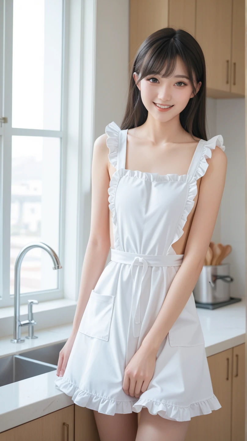 1 girl in the kitchen,The girl holds a knife and fork in her hand,There was cake on the table,light smile,Glossy glossy skin,moderately sized breasts,(Gas bangs),white lace chemise,ssmile,white stockings,wearing a white apron,white dresses,,pantyshot,The barefoot,barechested,Show the whole body,upper legs,Seductive pose,Delicate skin,fully body photo,The best weight,tmasterpiece,(realisticlying:1.4)tmasterpiece,Dressed in cute maid outfits,Short sleeves satin black,Wear a white frilled headband,white frilled apron,a black choker,