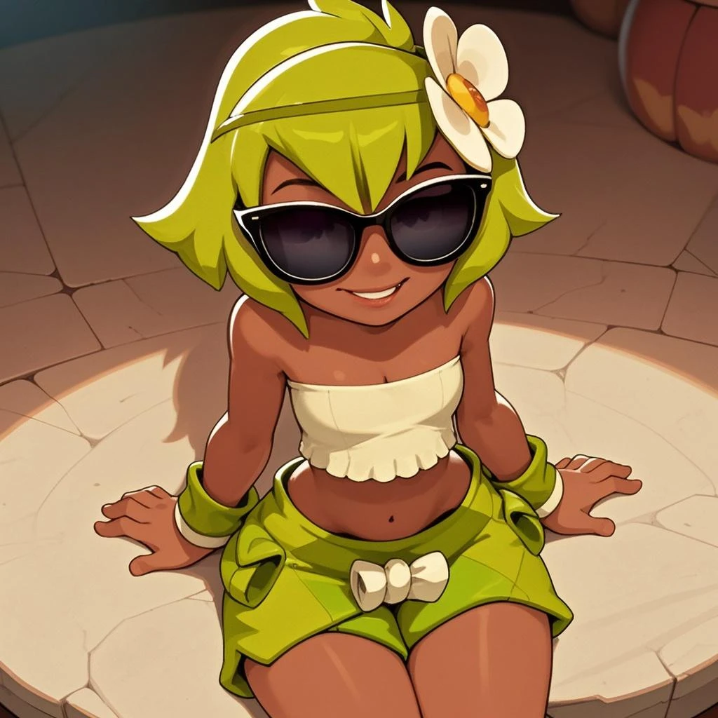 dofus, score_9, score_8_up, score_7_up,  dofus, solo, 1girl,sadida, dark skinned female, green hair, nature, thorns, thorns, tall grass, flowers, deep jungle, trees, forest, messy hair, large breasts, bikini, breasts, ponytail,  barefoot, navel, bare shoulder,s green eyes, , no ears,  feet, , toes,  dark skin, chubby, queen, sitting on throne, crown, looking at viewer, bare feet, feet focus, from below 