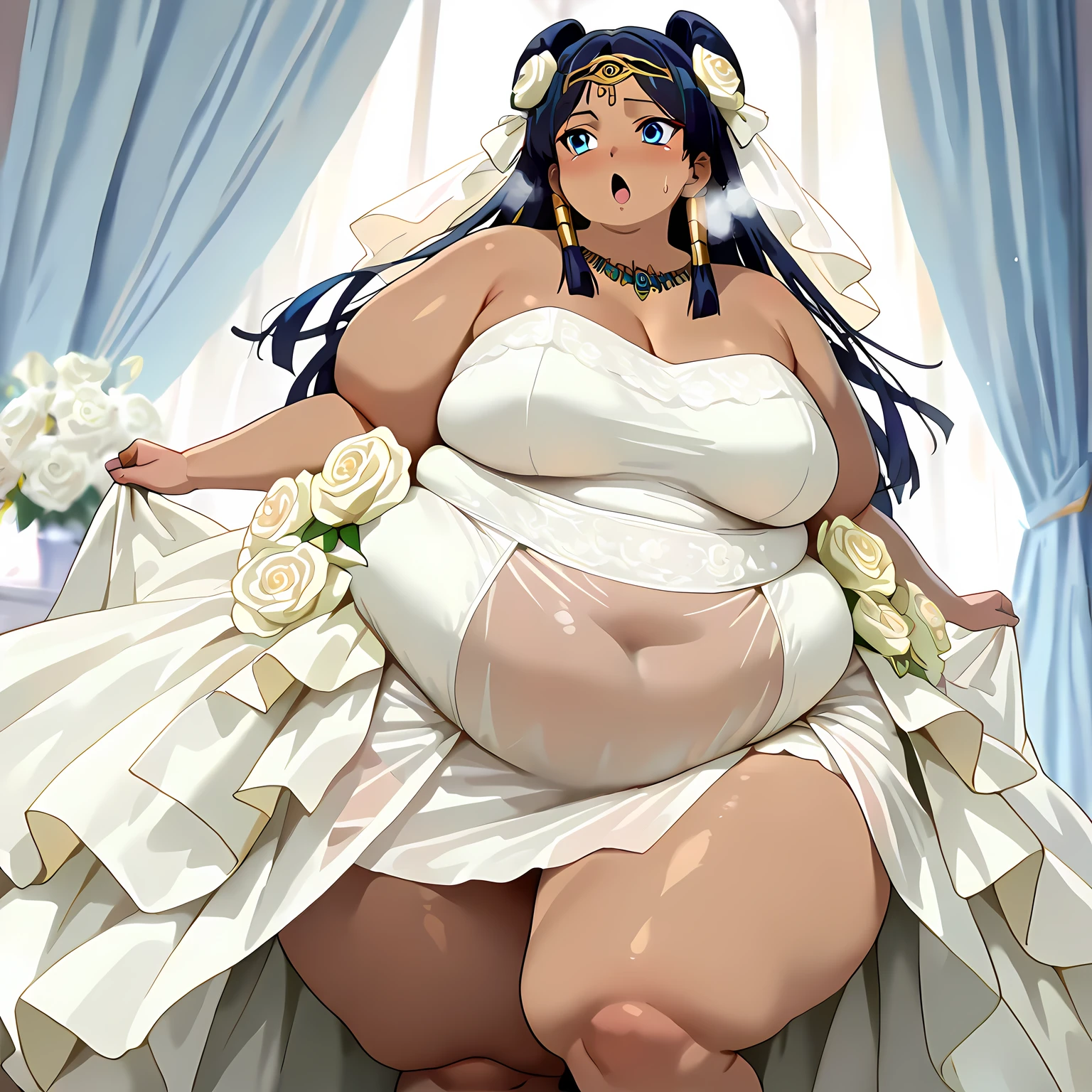 masterpiece,best quality,{{detailed beautiful face and eyes}}, very detailed background,
Ishizu Ishtar,dark skin,long hair,black hair,egyptian,parted bangs,blue eyes,medium breasts,
hairstyle: (wedding bun:1.2)
Outfit: (wedding dress,intricate dress, ball gown, bridal veil, bride, curtains,
depth of field, dress, flower, hair flower, hair ornament, see-through,white flower, white rose:1.1),(face full of joy:1.3) fat, chubby, obese, gigantic arms and legs, large breasts open mouth, out of breath