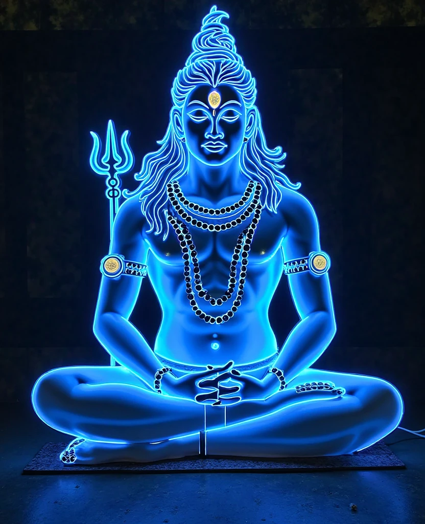 Krishna with his hand holding a flute and in another hand Sudarshan chakra. A peacock feather is in hands. The entire things is in black background. Only the outline of the body is seen which is radiating flame. The entire picture shows divinity. He has a smile that confronts others. He is in sitting position under a tree. On his other hand in a finger there is a spinning chakra