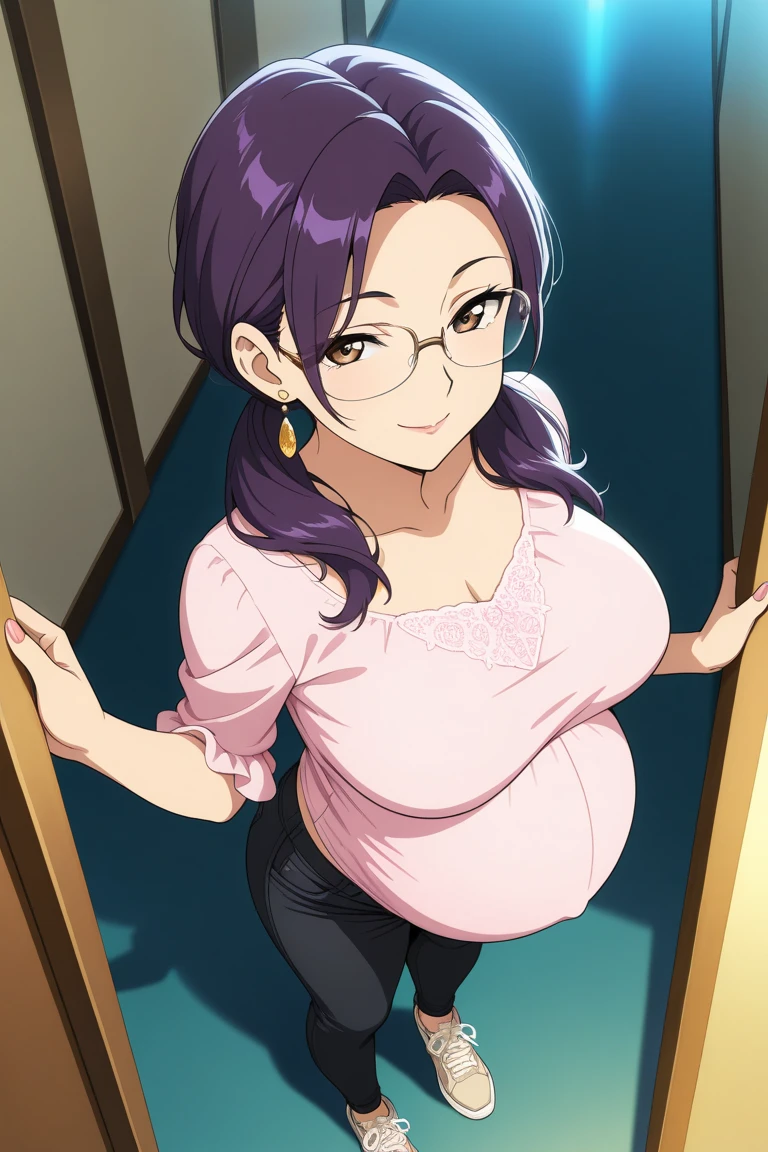 Nobita mom curvy tomboy short hair round glasses big tits big ass naked wearing stocking ink tshirt, pink apron sweating full body open legs